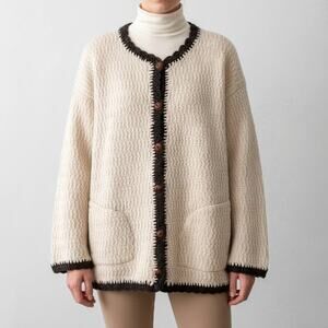 90s Peruvian Alpaca Wool Boucle Cardigan Sweater M Lagenlook Minimalist Boho